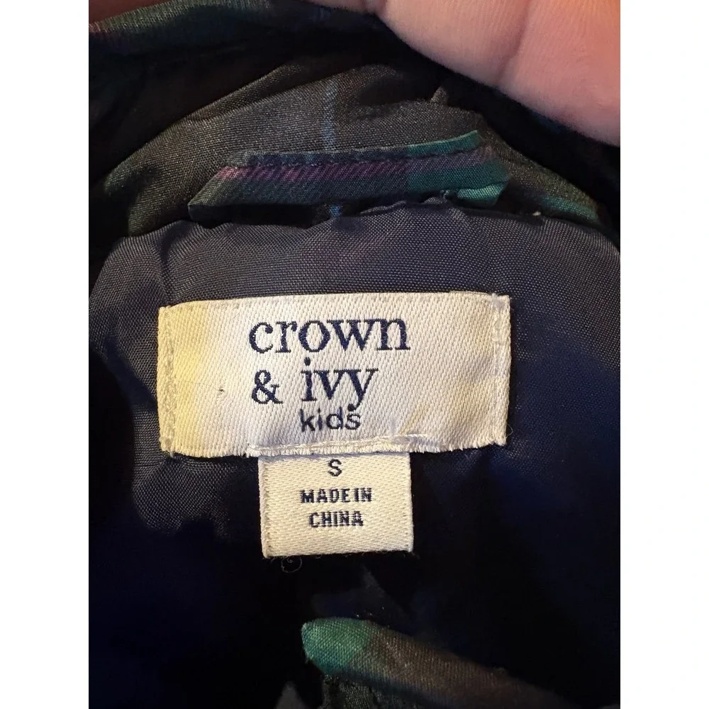 Crown & Ivy Kids Quilted Plaid Vest Navy Green Puffer Size S Christmas Holiday‎